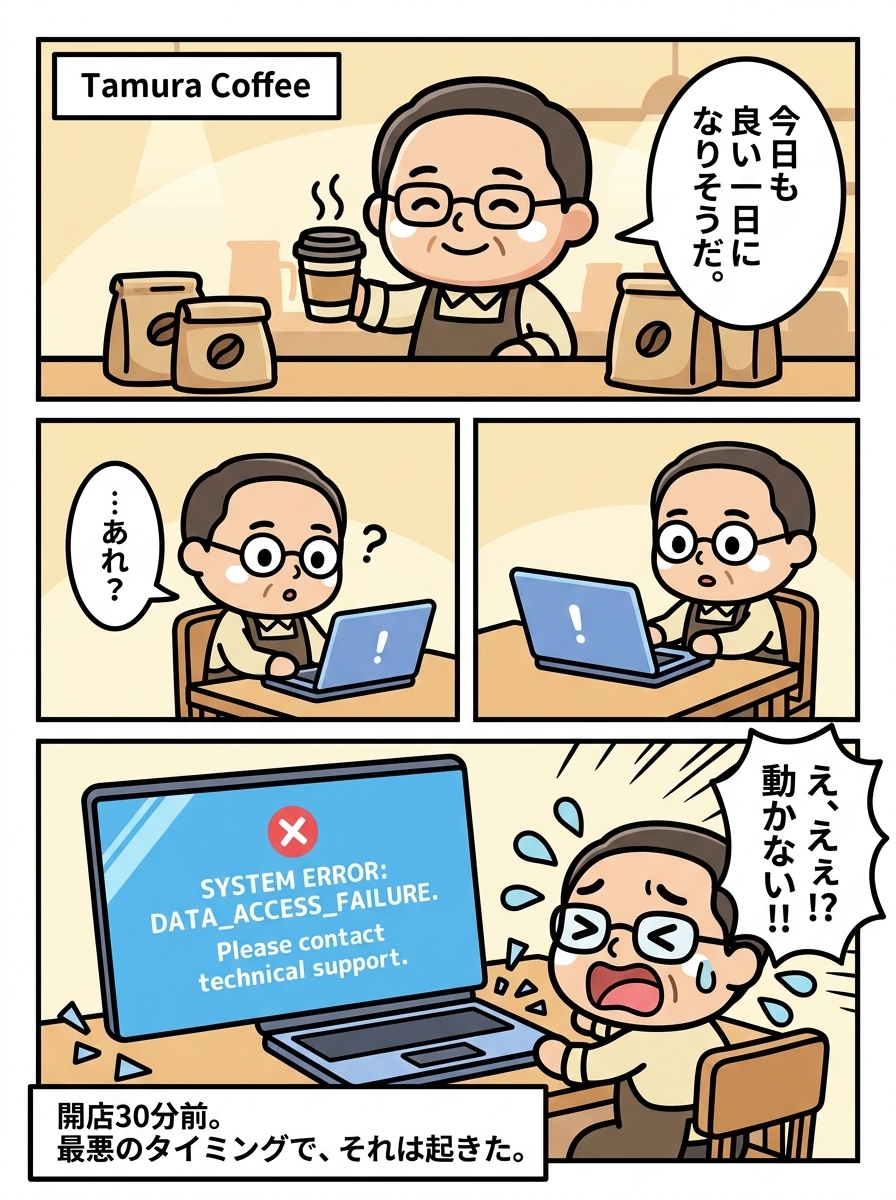 漫画1ページ目：朝、開店前にパソコンが突然動かなくなり困るカフェ店主。ITトラブルで作業が止まるシーン