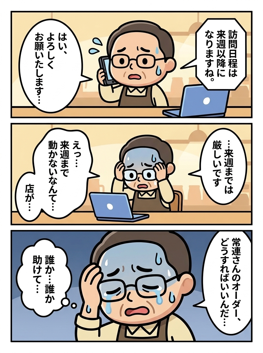 漫画2ページ目：業者に頼んでも来週以降しか対応してもらえず、途方に暮れる個人事業主