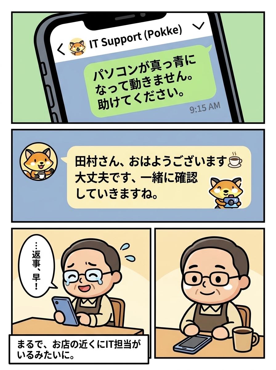 漫画4ページ目：LINEでITサポート「ポッケ」に初めて相談するカフェ店主。すぐに返事が届く