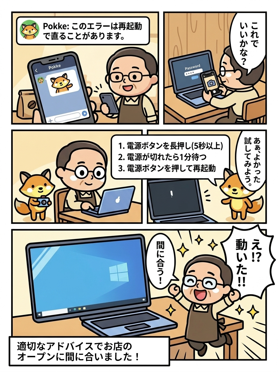 漫画5ページ目：ポッケの案内でパソコンが無事に復旧。専門用語なしでわかりやすくサポート