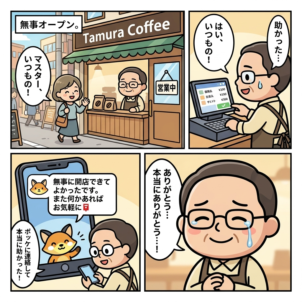 漫画6ページ目：開店時間に間に合い、ポッケのITサポートに感謝するカフェ店主