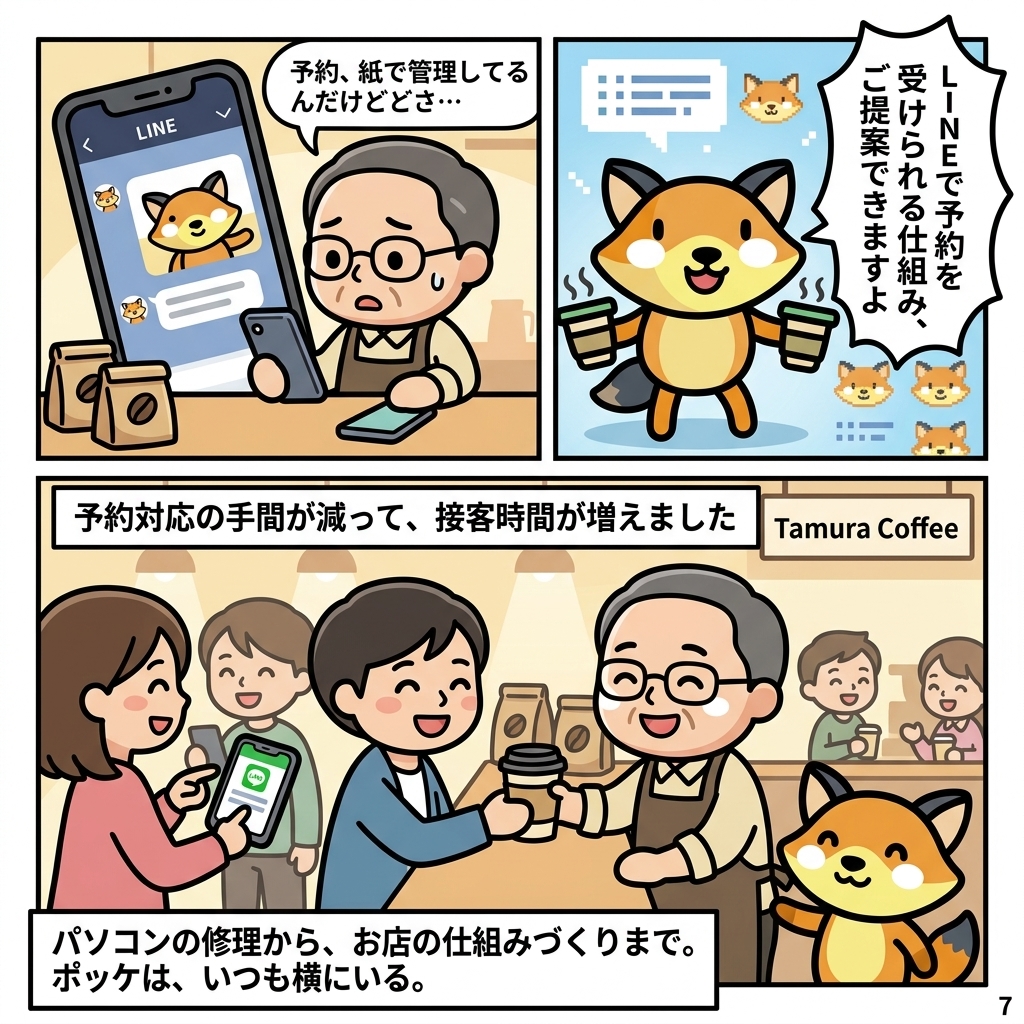 漫画7ページ目：ポッケの予約システム提案で業務改善。接客時間が増えて本業に集中できるように